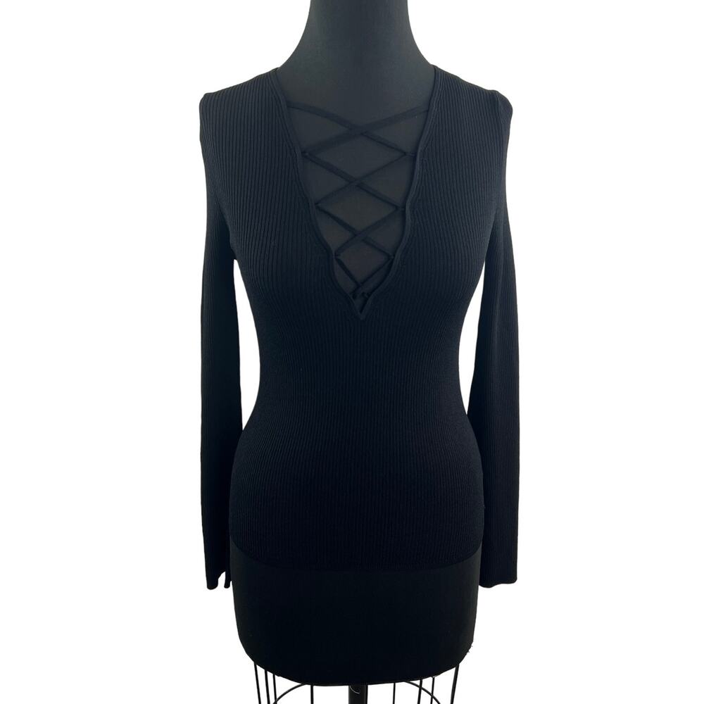 Rocky Barnes x 360 Cashmere Black Sweater Plunging Neck Pullover Size Medium M